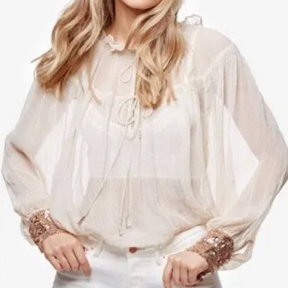 Free People Sheer Cream Blouse with Sequence Details